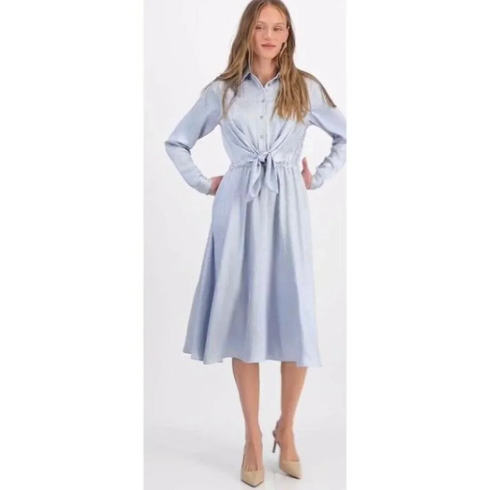 Michael Kors Blue White Striped Button-Down Tie-Waist Midi Shirt Dress M NWT